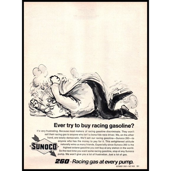 1969 Sunoco 260 Racing Gas Vintage Print Ad Temper Tantrum Drawing Wall Art - Picture 1 of 1
